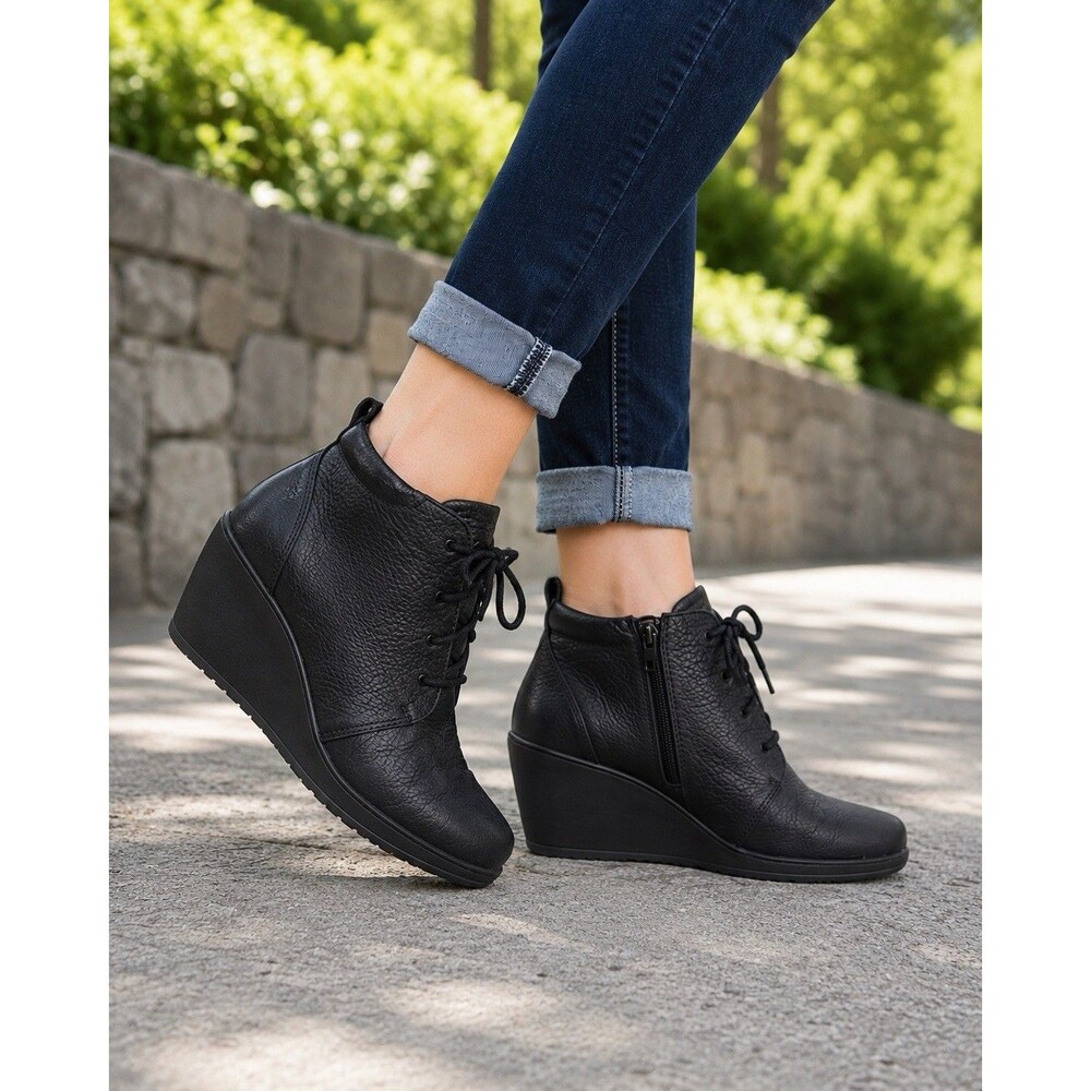 Clarks Unstructured Black Leather Ankle Boots Lace Up Side Zip Wedge US 5.5D